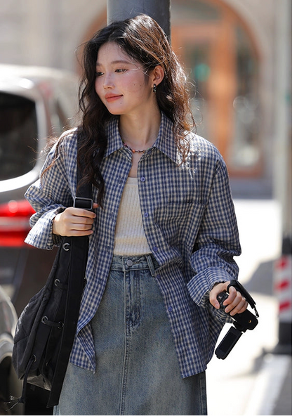 シックなチェックシャツブラウス