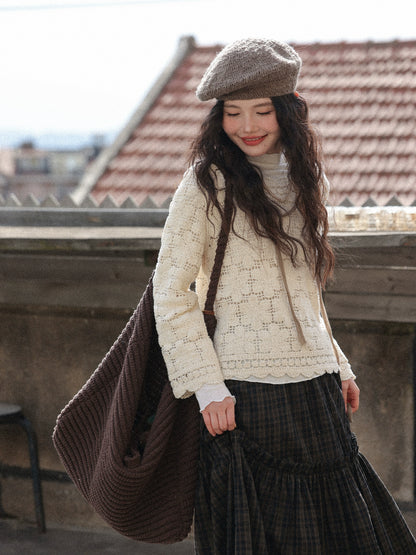 シックな中空かぎ針編み長袖トップ