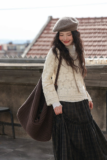 シックな中空かぎ針編み長袖トップ