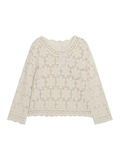 シックな中空かぎ針編み長袖トップ