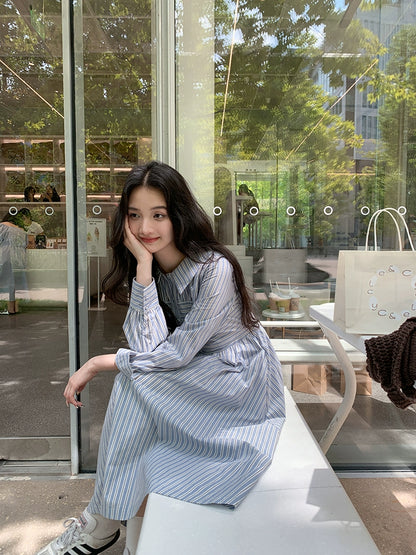 青いストライプミディワンピース