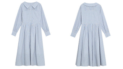 青いストライプミディワンピース