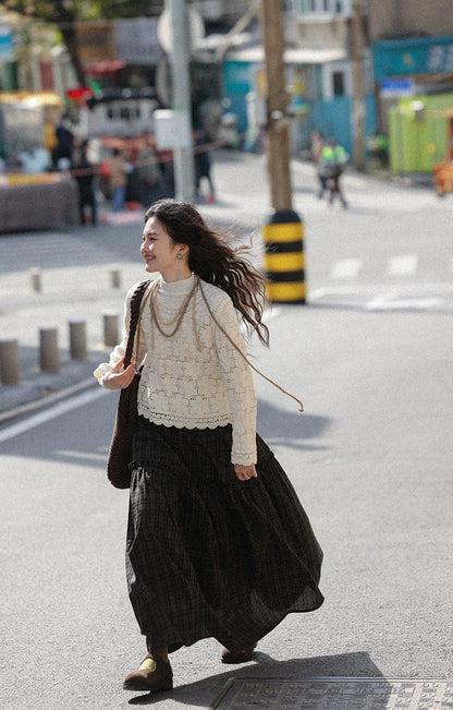 シックな中空かぎ針編み長袖トップ