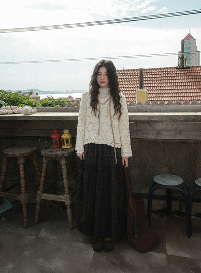 シックな中空かぎ針編み長袖トップ