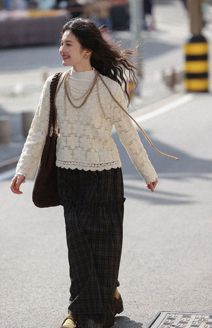 シックな中空かぎ針編み長袖トップ