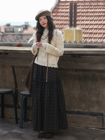 シックな中空かぎ針編み長袖トップ