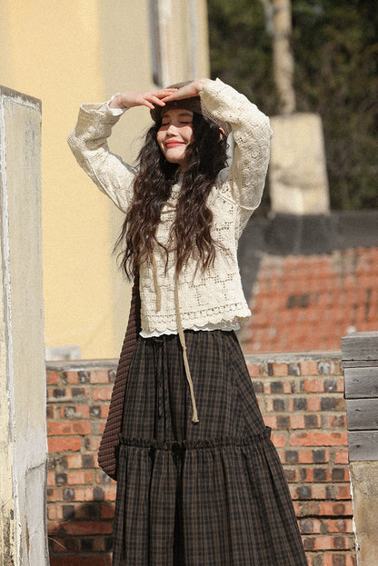 シックな中空かぎ針編み長袖トップ