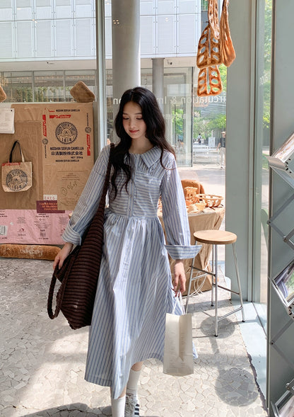 青いストライプミディワンピース