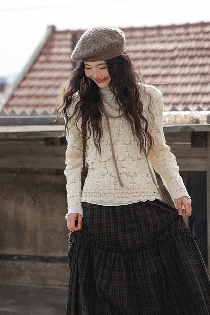 シックな中空かぎ針編み長袖トップ