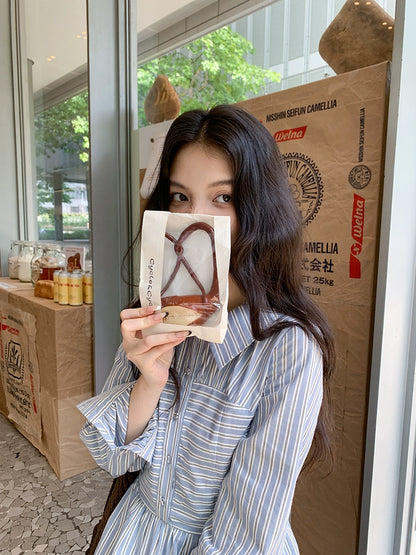 青いストライプミディワンピース