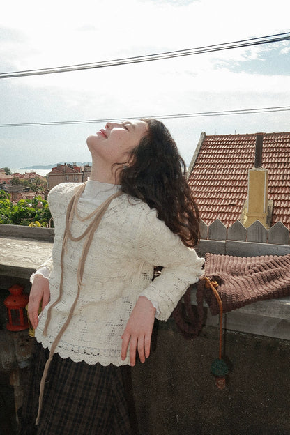 シックな中空かぎ針編み長袖トップ