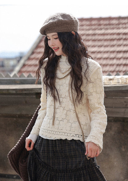 シックな中空かぎ針編み長袖トップ