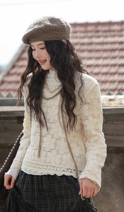 シックな中空かぎ針編み長袖トップ