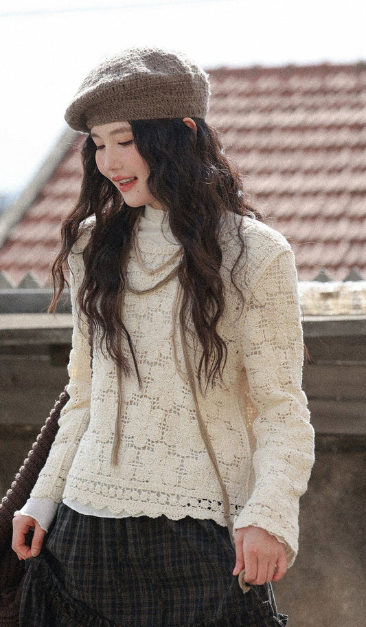 シックな中空かぎ針編み長袖トップ