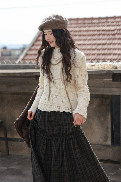 シックな中空かぎ針編み長袖トップ