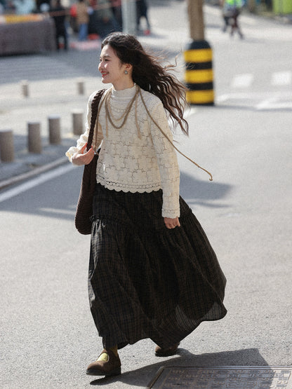 シックな中空かぎ針編み長袖トップ