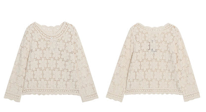 シックな中空かぎ針編み長袖トップ