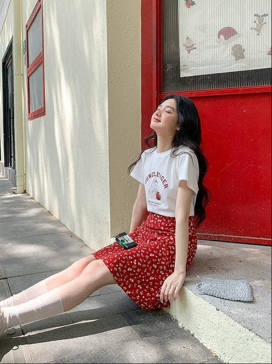 ピンク花柄シフォンスカート